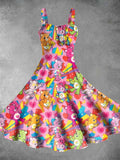 Vintage 1980s Colorful Bear Print Backless Dress