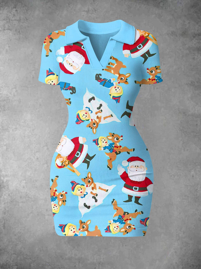 Women's Vintage Christmas Red-Nosed Reindeer Print Ribbed Bodycon Mini Dress