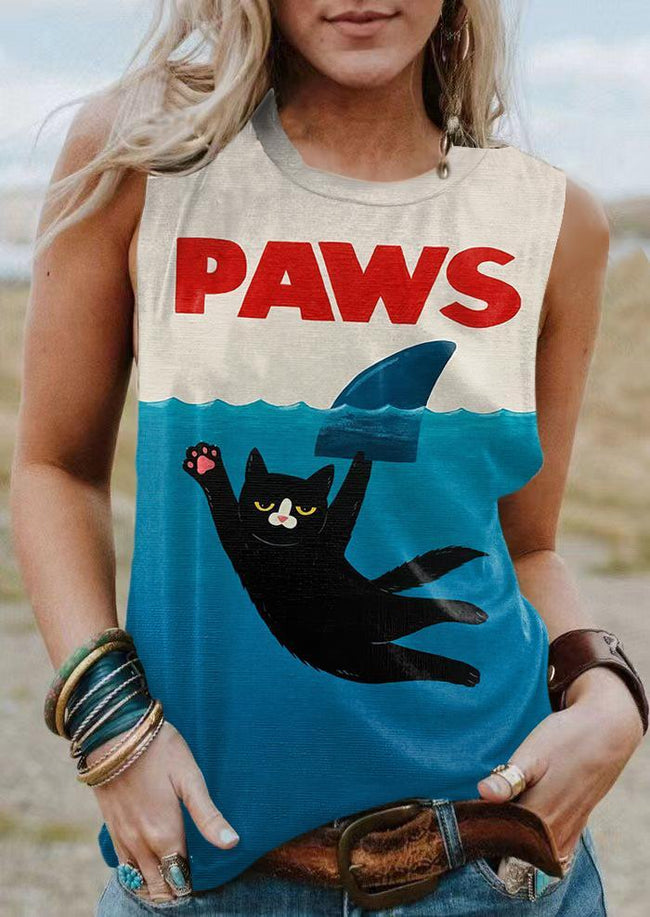 Vintage Funny Shark and Black Cat Print Tank Top