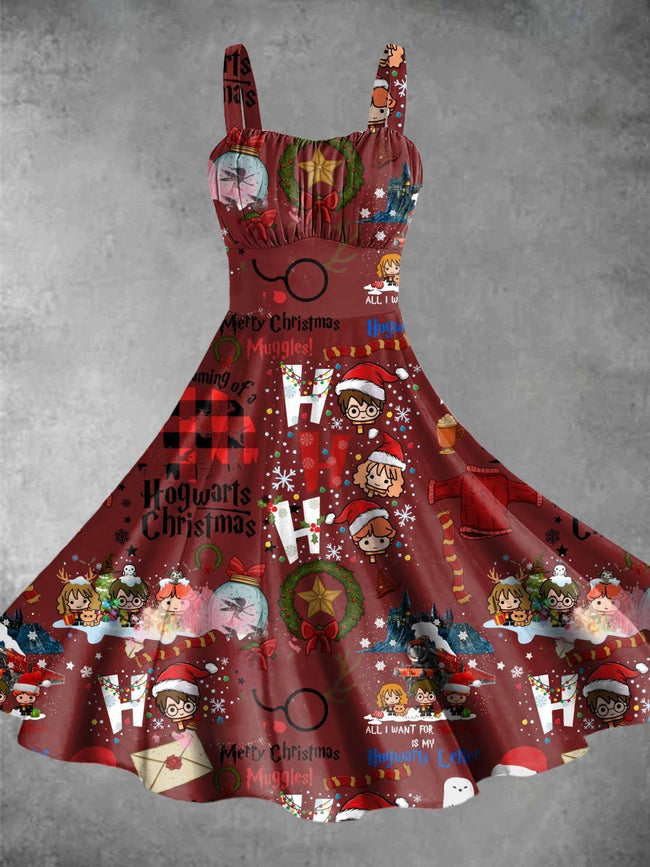 Vintage Christmas Magic Academy Print Backless Dress