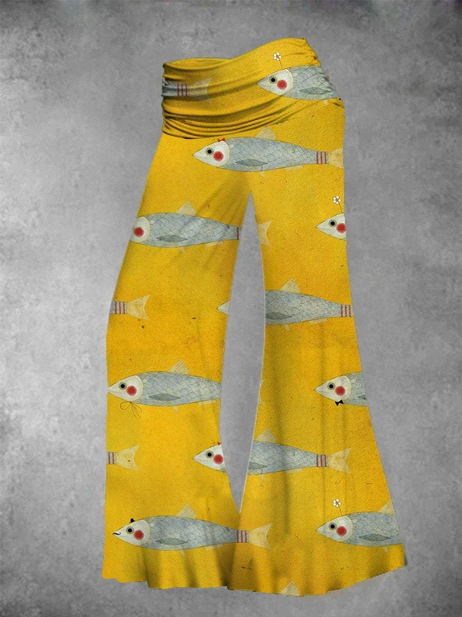 Women's Vintage Fish Art Print Wide Leg Pants