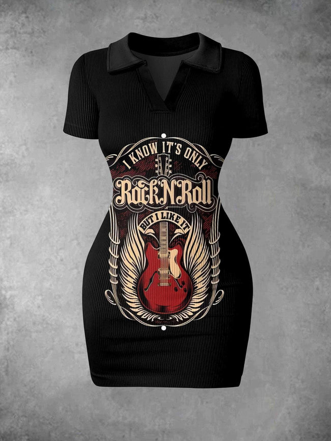 Women's Vintage Guitar Print Ribbed Bodycon Mini Dress