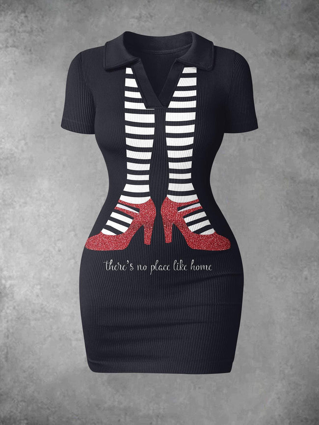 Women's Vintage Halloween Print Ribbed Bodycon Mini Dress