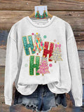 Retro Colorful Coquette Glitter Ho Ho Ho Christmas Tree Print Sweatshirt