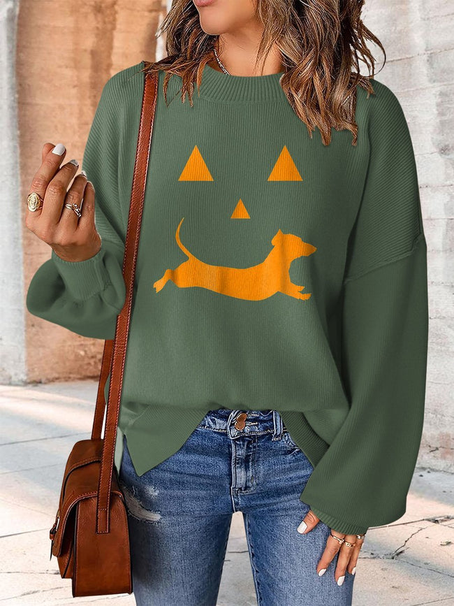 Dachshund Dogs Halloween Print Casual Knit Pullover Sweater