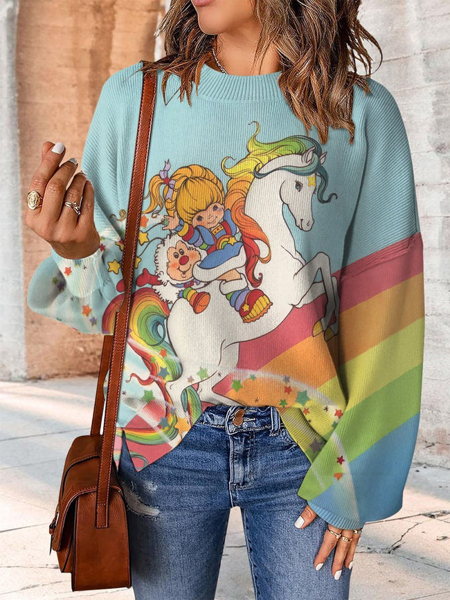 Vintage 1980s Rainbow Girl Print Casual Knit Pullover Sweater