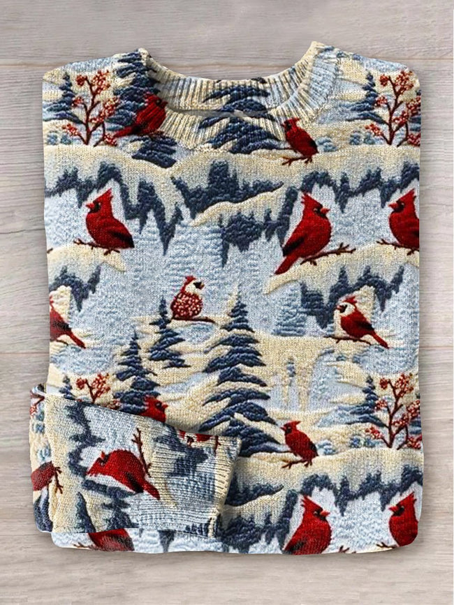 Christmas Snow Scenery Bird Art Print Knit Pullover Sweater