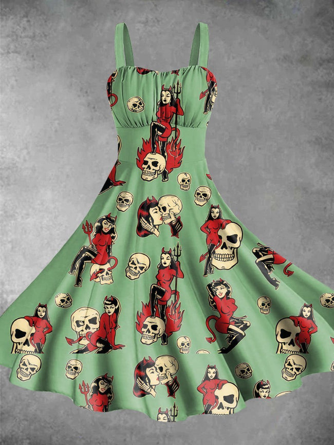 Vintage Skeletons and Women Halloween Print Backless Dress