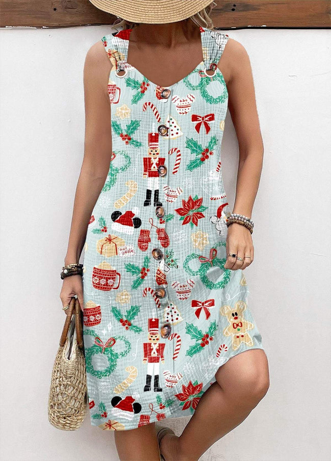 Vintage Christmas Collection Print Sleeveless V Neck Dress