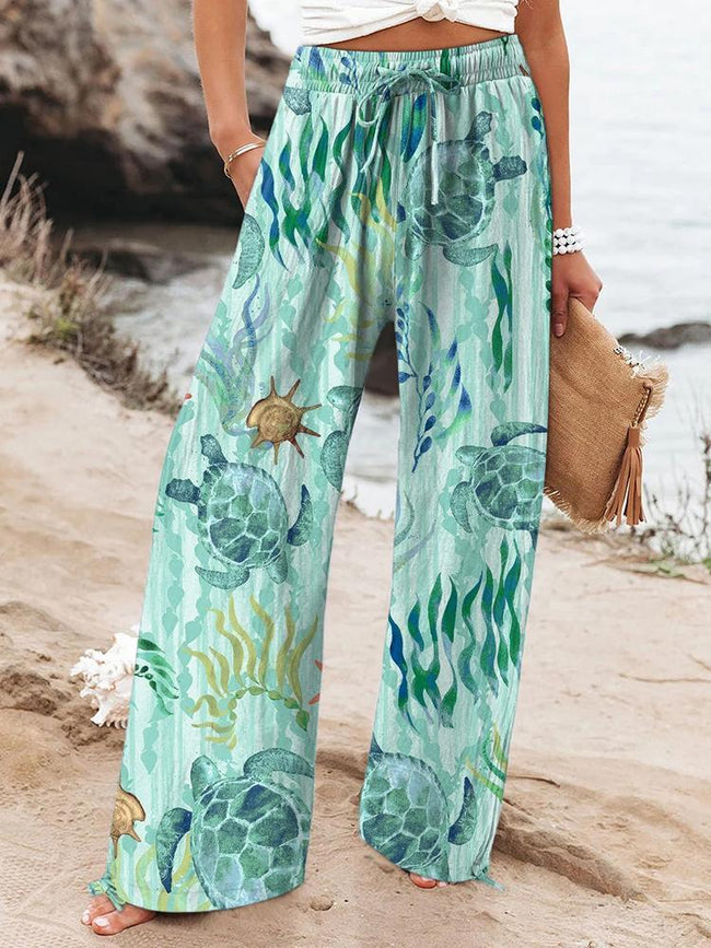 Women's Sea Turtles Printed Cotton And Linen Casual Pants