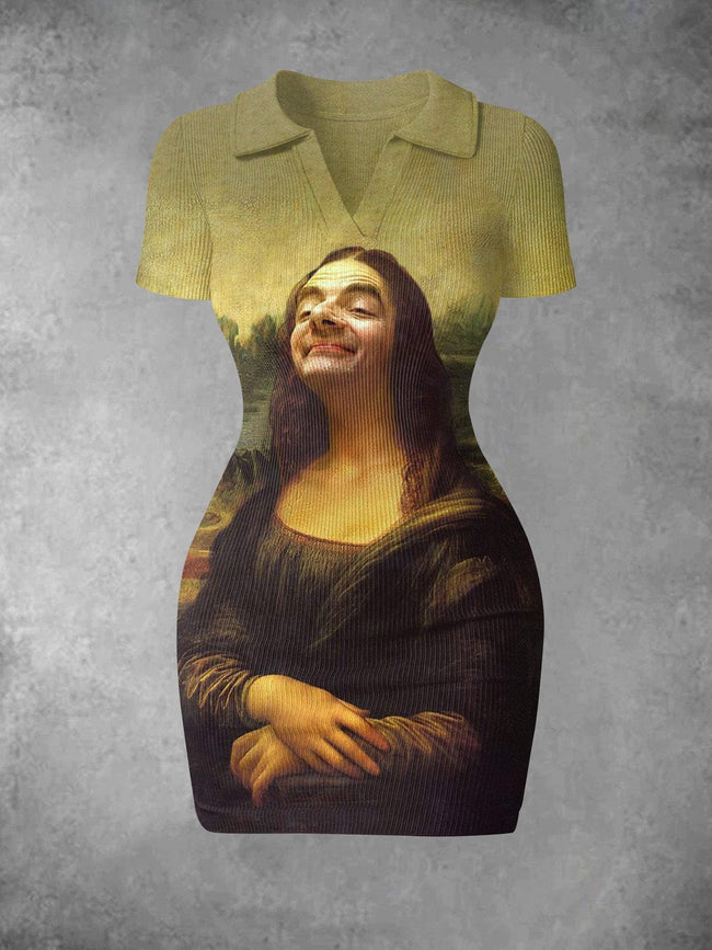 Women's Vintage Funny Mona Lisa Art Print Ribbed Bodycon Mini Dress