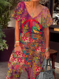 Women's Peace Symbol Bird Flower Hippie Art Print Casual 100% Cotton Wide Leg Jumpsuit