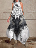 Retro Tribal Crow Viking Vegvisir Print High Neck Cocoon Dresses With Pockets