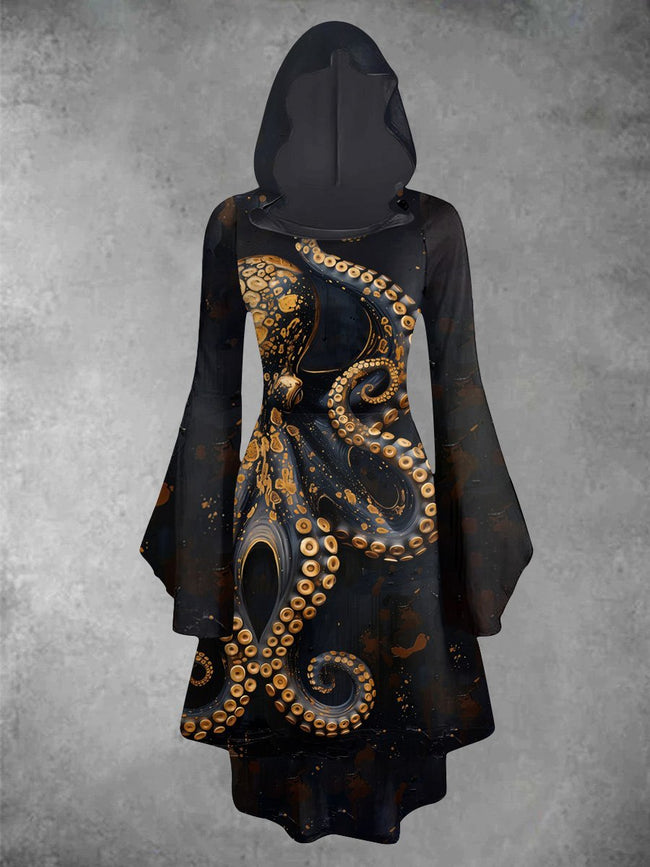 Vintage Octopus Halloween Print Hooded Trumpet Sleeve Slim Chic Dress