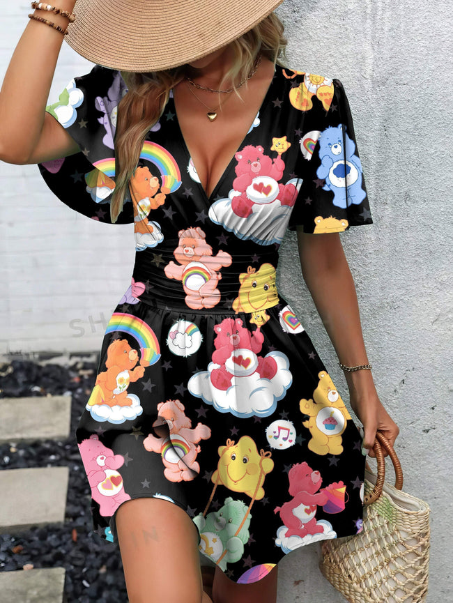 Vintage 1980s Cartoon Print Butterfly Sleeve V-Neck Waist Dress