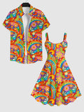 Colorful Hippie Print Backless Dress and Button Pocket Shirt Plus Size Matching Hawaii Beach Outfit for Couples