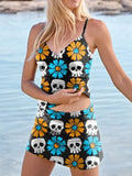 V-Neck Retro Skull Daisy Art Print Suspender Skirt Tankini Pantskirt Set Swimsuit