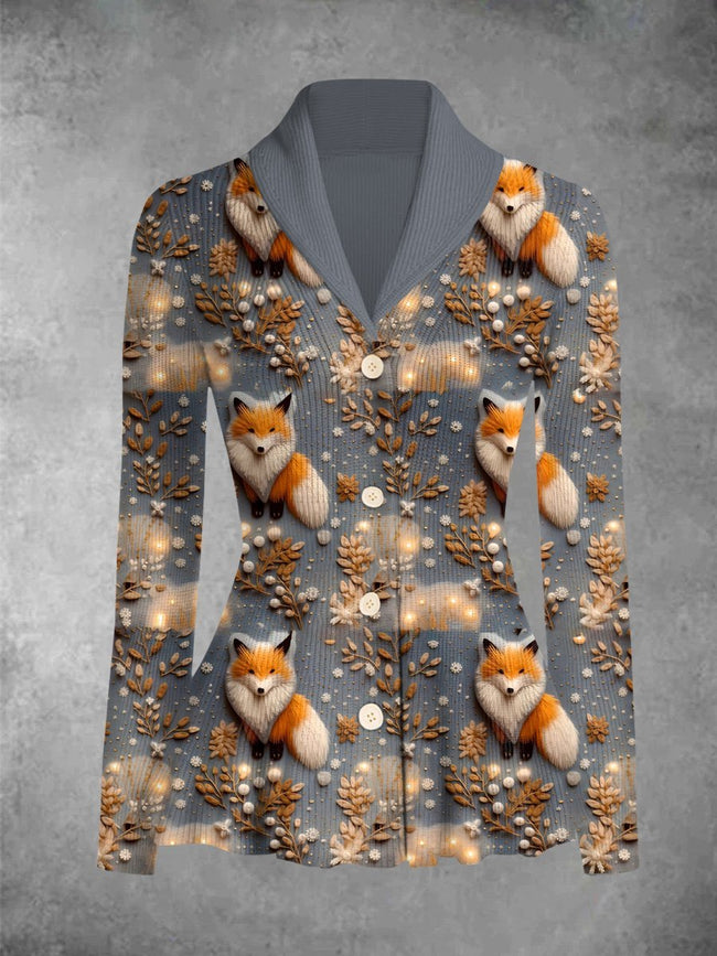 Vintage Fox Print Cardigan Sweater Outwear Coat