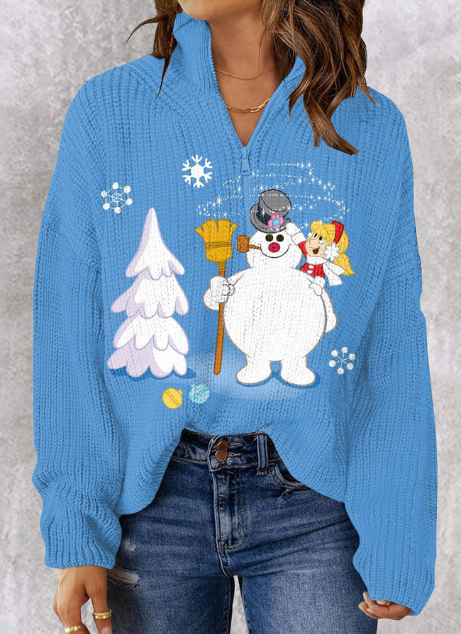 Women's Snowman Print Knit Sweaters 1/4 Zip Polo V Neck Pullover Tops