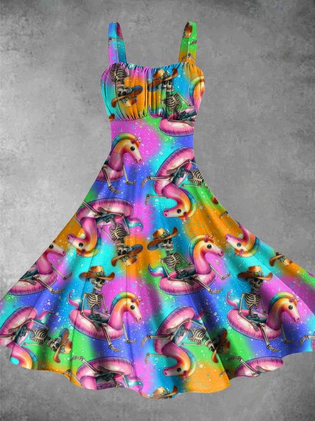 Retro Cowboy Skeleton Unicorn Pool Float Print Backless Dress