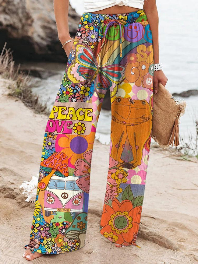 Women's Retro Hippie Peace And Love Printed Casual Pants