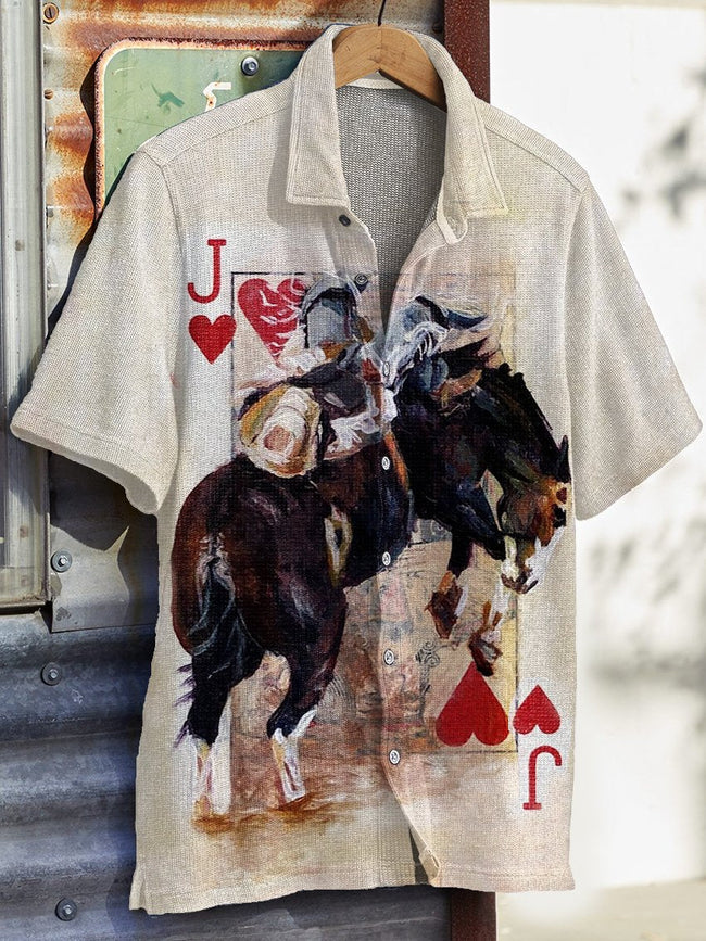 Vintage Poker Western Cowboy Print Casual Knit Shirt