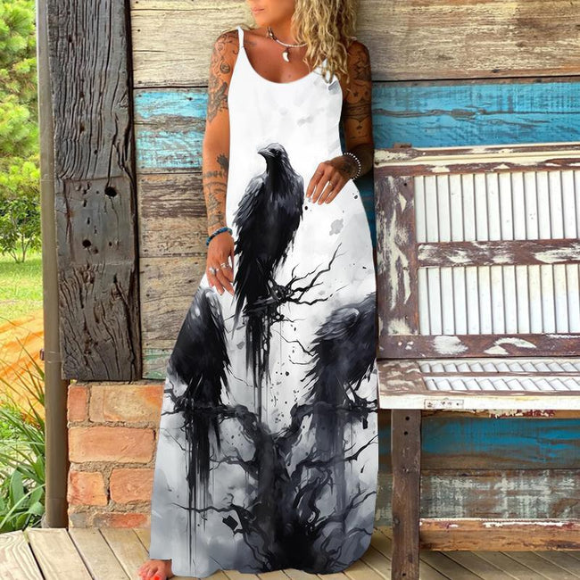 Retro Tribal Crow Viking Print Suspender Maxi Dress