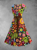 Cinched Shoulder Surplice Plunge Belted Sleeveless Retro Hippie Peace Floral Print Midi Dress