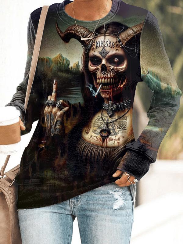 Women's Skull Dark Art Illustration Printed Long Sleeve Sweatshirt.