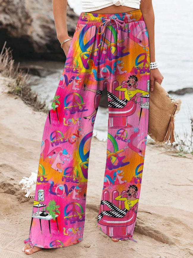 Women's Retro Colorful Hippie Printed Cotton And Linen Casual Pants