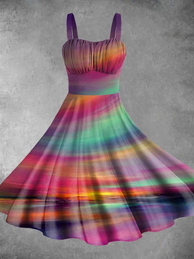 Vintage Colorful Landscape Abstract Print Backless Dress