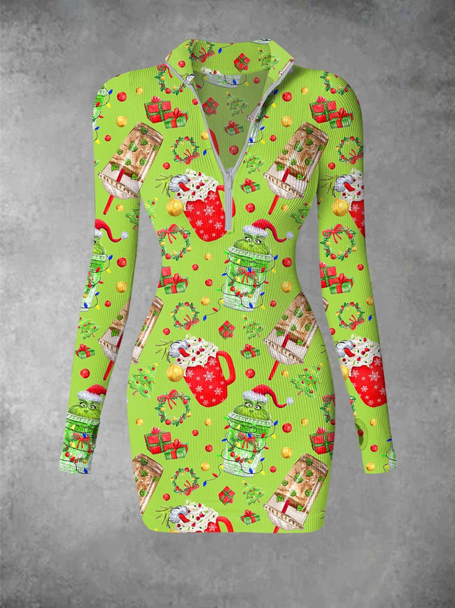 Fun Funny Christmas Print Ribbed Zip Front Long Sleeve Mini Dress