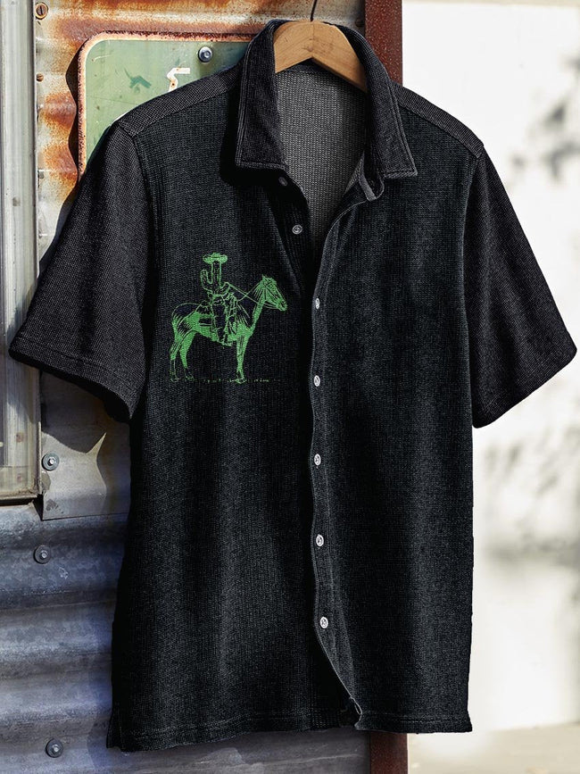 Black Vintage Cactus Cowboy Riding Print Casual Knit Shirt