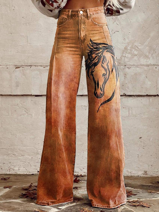 Women's Vintage Western Horse Leather Art Print Casual Wide Leg Pants