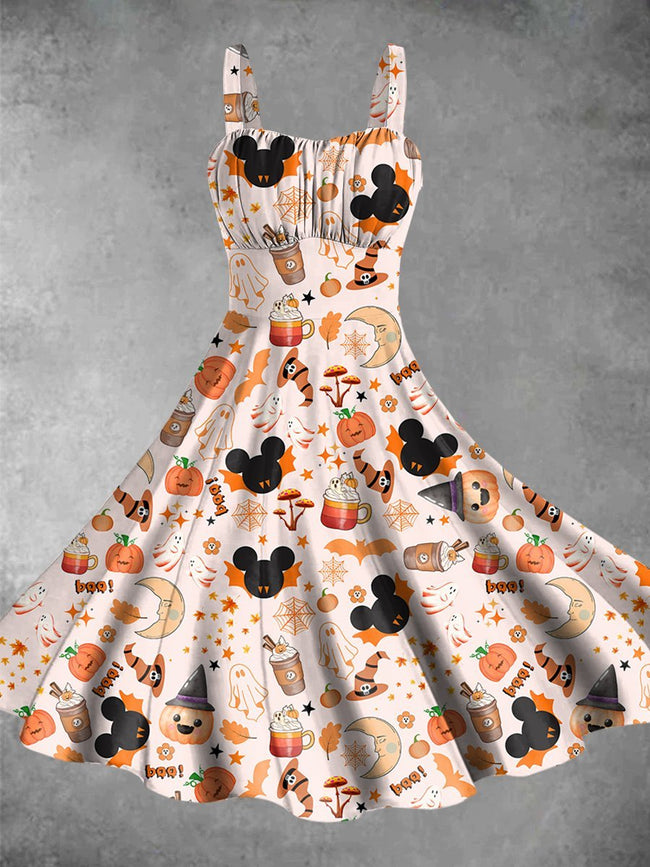 Vintage Halloween Fall Cartoon Print Backless Dress