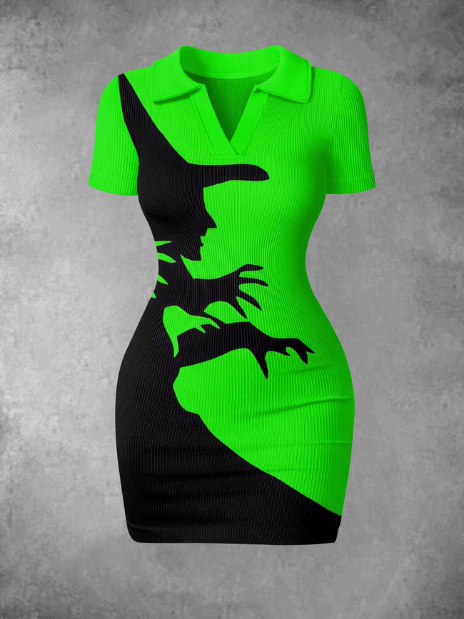 Women's Vintage Witch Print Ribbed Bodycon Mini Dress