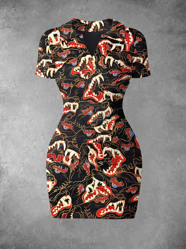 Women's Vintage Wolf Print Ribbed Bodycon Mini Dress