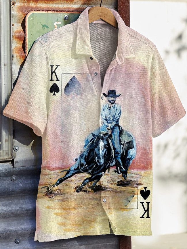 Vintage Poker Western Cowboy Print Casual Knit Shirt