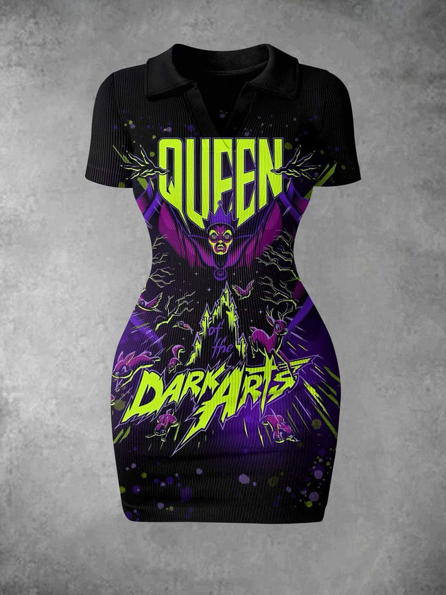 Women's Vintage Evil Queen Halloween Print Ribbed Bodycon Mini Dress