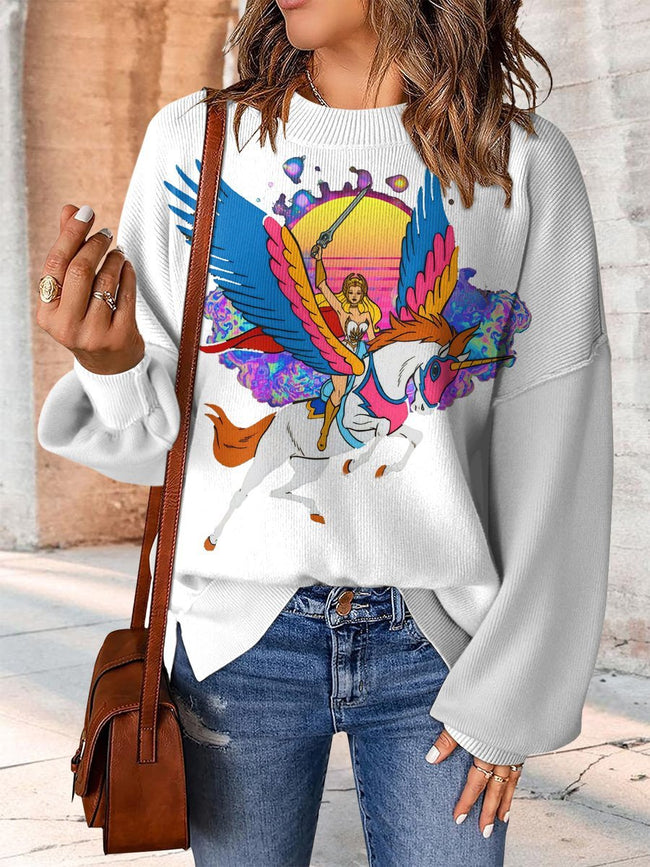 Pegasus Print Casual Knit Pullover Sweater