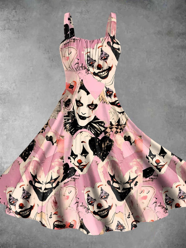 Vintage Clown Look Halloween Print Backless Dress