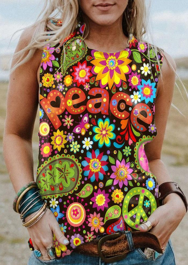 Hippie Peace Floral Retro Print Tank Top