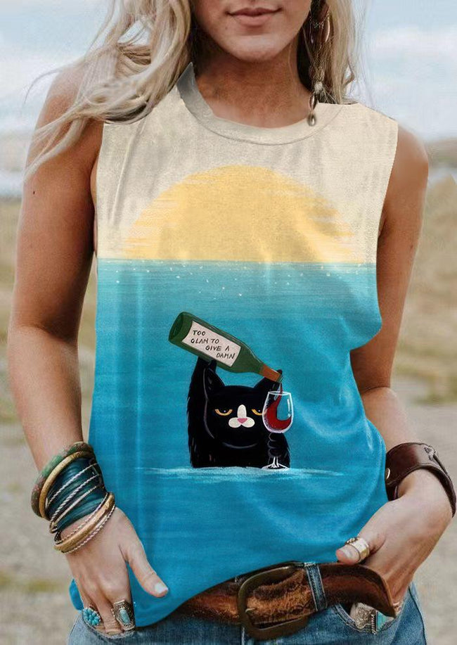 Vintage Funny Black Cat Print Tank Top