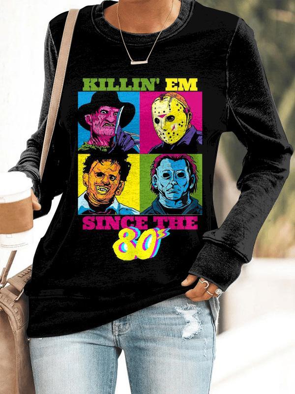 Women's Horror Movie 80s Halloween Printed Long Sleeve Sweatshirt.