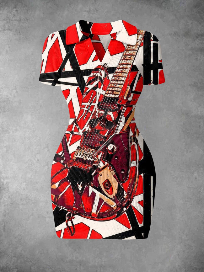 Women's Vintage Rock And Roll Music Print Ribbed Bodycon Mini Dress