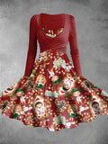 Women's Vintage Christmas Boy and Girl Print Two-Piece Dress