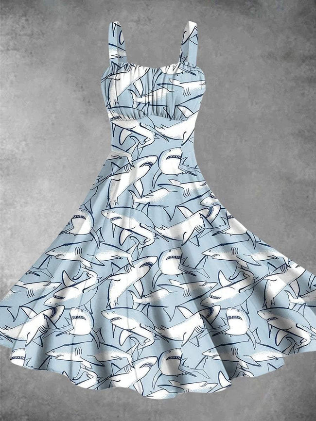 Vintage Sea Life Shark Print Backless Dress