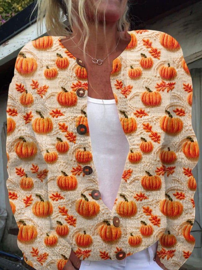 Vintage Pumpkin Embroidery Print Buttoned Cardigan Sweater