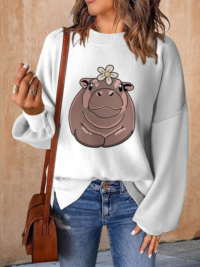 Moo-Deng Pygmy Hippo Print Casual Knit Pullover Sweater