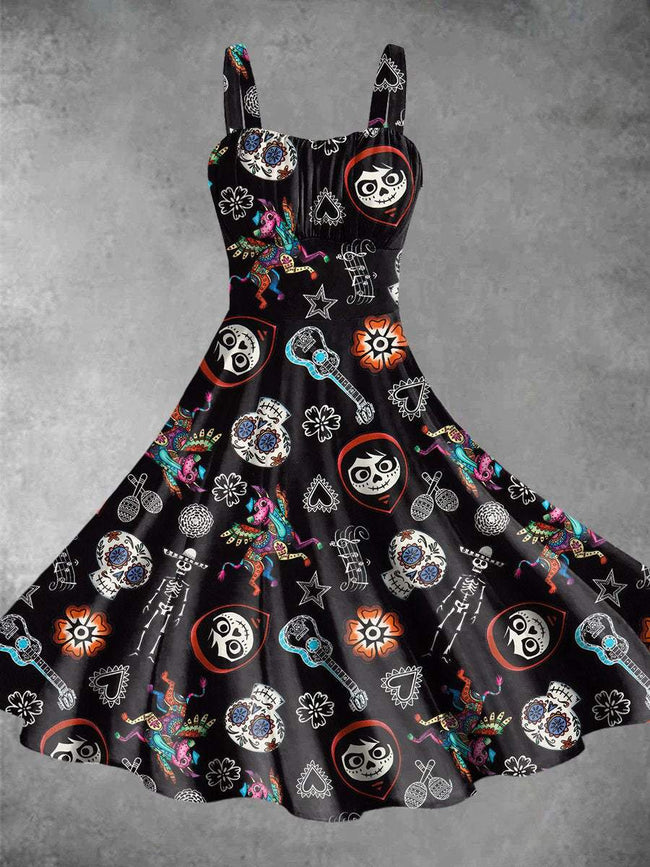 Vintage Day of the Dead Print Backless Dress